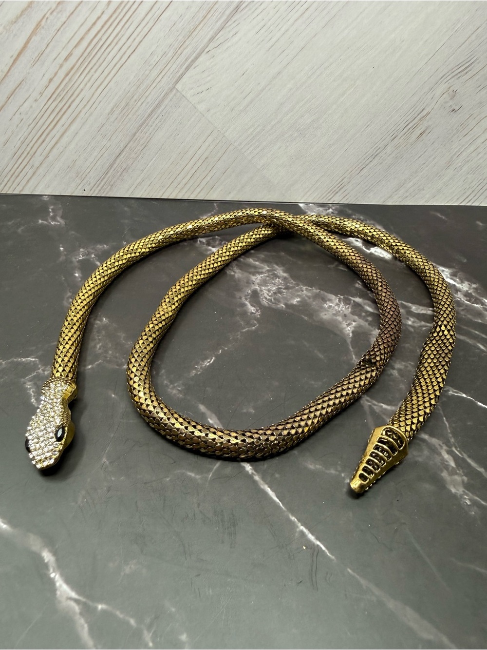 Goldtone Colored Mesh SNAKE Necklace  Rhinestone Head & Tail